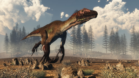 兽脚亚目使成为在沙漠中运行的乌哈拉托恐龙背景中的喀拉米亚森林3D使沙漠中的乌塔哈拉托恐龙3D产生跑设计图片