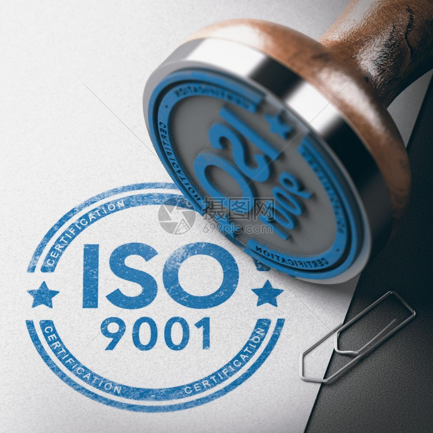 3D橡胶邮票插图其文本为ISO901认证高于纸面背景ISO901认证质量管理橡胶印章生产遵守公司的图片