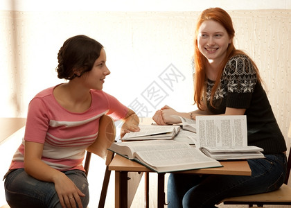 学生两个女孩在阳光明耀的图书馆里工作识字读背景图片