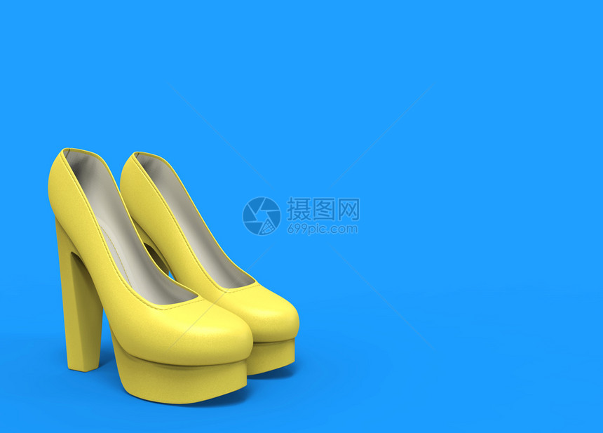 3d以蓝色复制空间背景在蓝色复制空间背景上提供黄色高跟鞋的美丽黄色高跟鞋的女孩图片