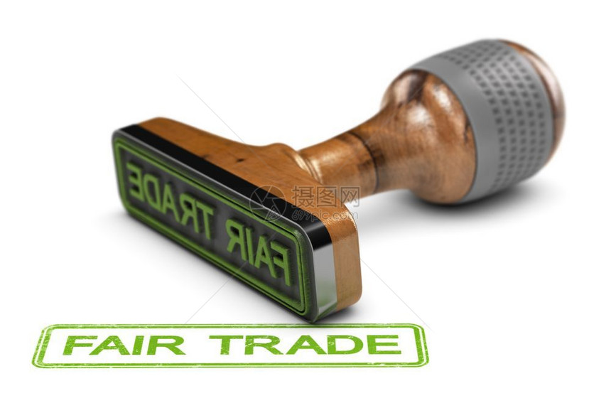 绿色3D说明用公平贸易一词盖在白色背景上的橡皮邮票3D插图FaitTradeLabel和橡胶印章公平的生产图片