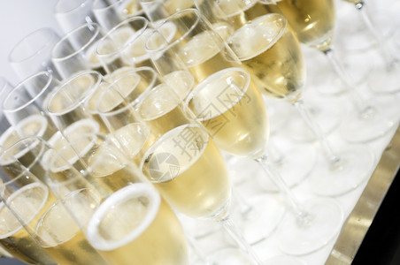 杯子和香槟放在托盘上一种长笛葡萄酒背景图片