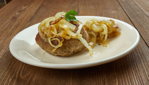 油炸食物丹麦布洛德日志配有牛肉饼的焦融软洋葱丹麦菜美食图片