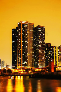 城市的密歇根州景观芝加哥中心城风景在夜里图片