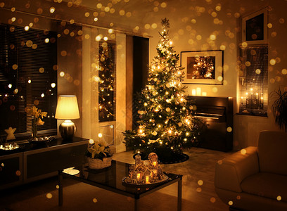 夜晚客厅发光的圣诞树图片
