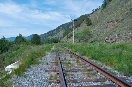 水Baikal湖沿岸的CircumBaikar铁路自然山图片