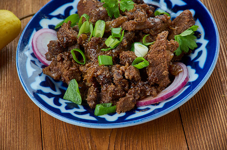 深的填充EasyCrispy蒙古牛肉烹饪亚洲传统菜类顶视脆皮图片