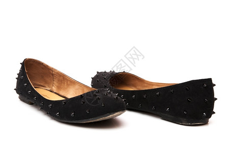 闪亮的服装现代黑色彩鞋子带有装饰缝合板图片