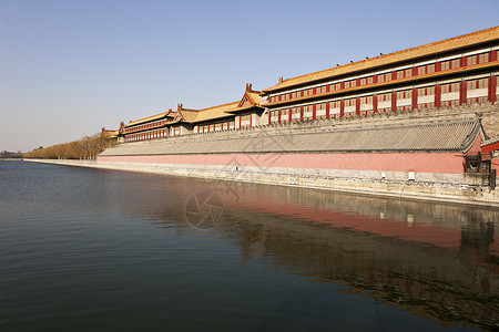 北京紫禁城的风景穿过将宫殿与城市其他部分隔开的护城河或运之一种富丽堂皇的历史背景图片