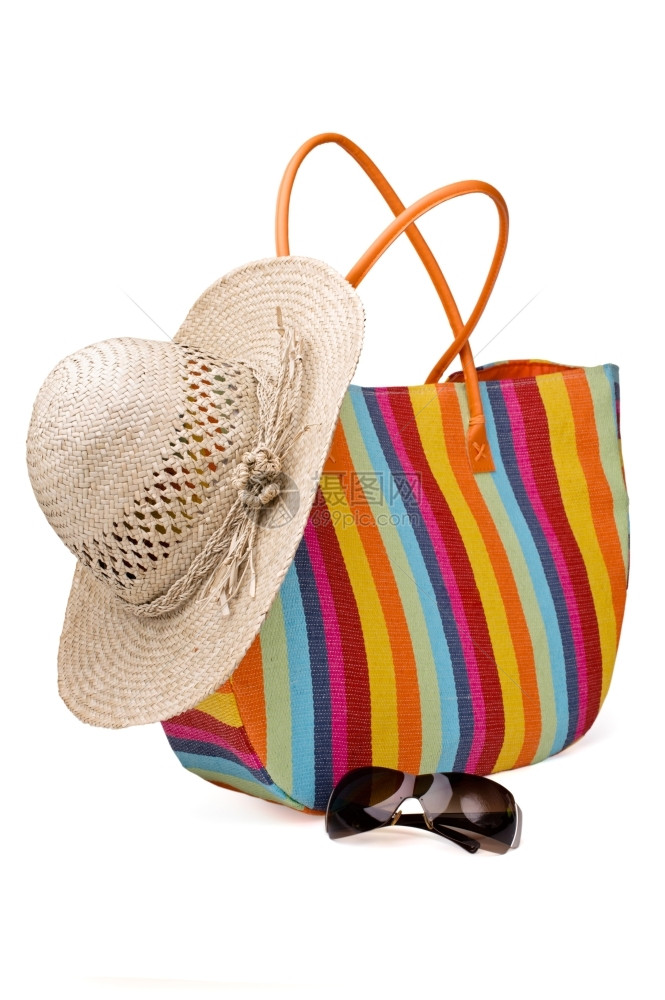 彩色带条纹袋墨镜和草帽沙滩物品假期丰富多彩的夏天图片