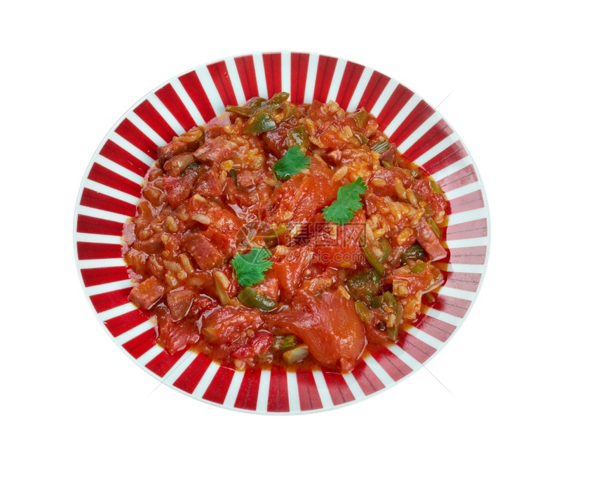 番茄传统的Jambalaya带饭蔬菜和香肠的克里奥尔菜平日之夜图片