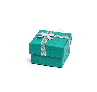蓝绿色礼品盒与银丝带隔离在白色背景蓝绿礼品盒与银丝带隔离裹展示礼物背景图片