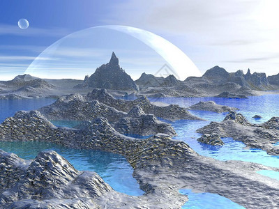 山蓝色幻想景观有岩石水和行星幻想景观3D外星人科幻图片