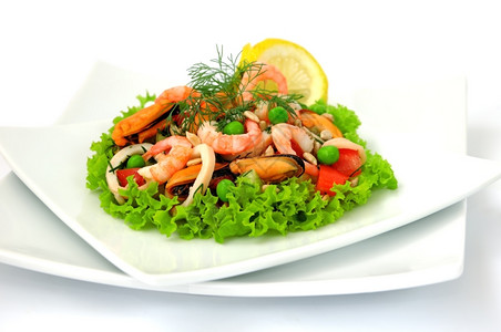 青口贝海产食品沙拉和白色背景的蔬菜饮食豌豆图片