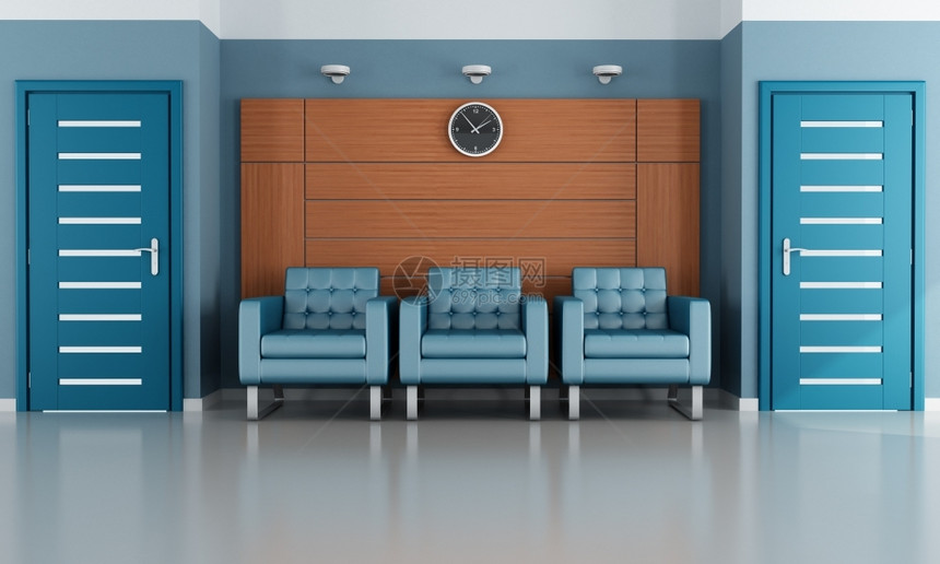 现代候诊室配有三张手椅和两闭门反射坐着空的图片