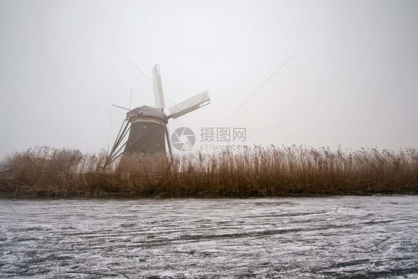 多雾路段早晨荷兰语古老的冬天在一个雾的清晨在一条冰冻的运河上被里德包围图片