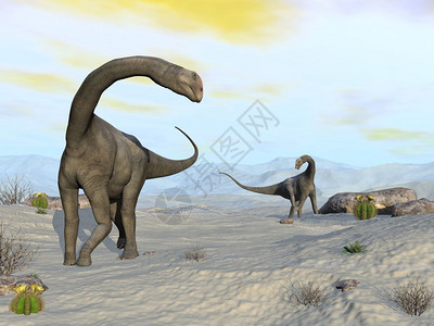 犹他州步行在沙漠中走的两只布鲁托墨尔斯恐龙3D化身在沙漠中的勃朗托墨尔斯恐龙3D化身时代蜥蜴设计图片