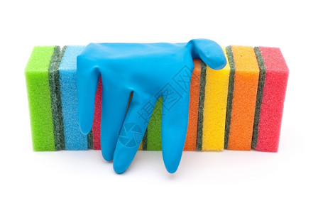组织橡胶手套和厨房用海绵肮脏的干净图片