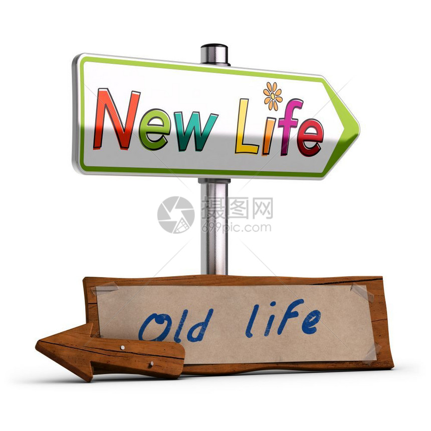 3D说明两个路标的图例其文字为新生命和旧而不是白色背圆的概念图像以说明改变决定或退休的新生活3D图像过渡对比旅行图片