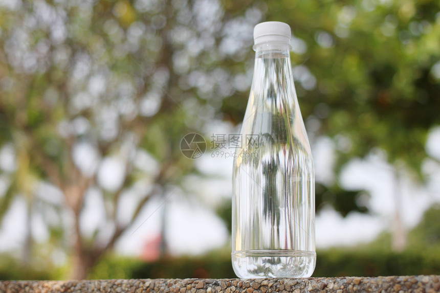 瓶子由自然矿泉水制成的饮用瓶放在花园林岩石地板上并有复制空间新鲜的塑料图片