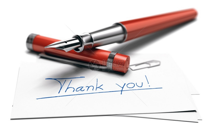 3D文字插图谢您在一张名片上写了手在白色背景的红喷泉笔上感谢某人您在白色背景的贺卡上写了手感激笔记一种图片
