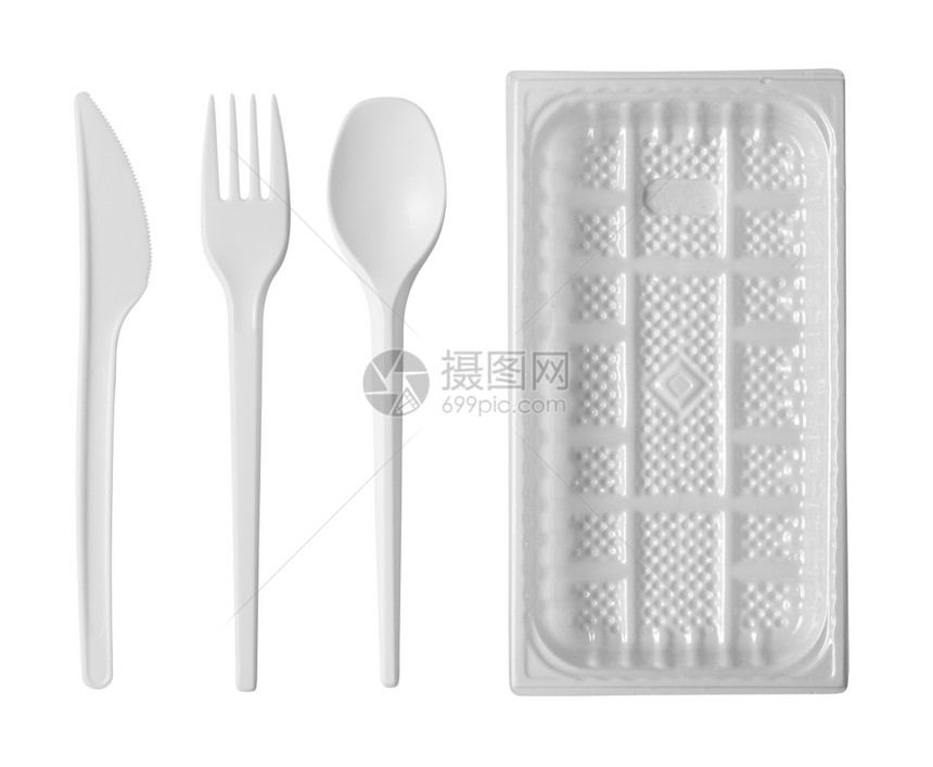 叉服务白色的背景上隔离的塑料可支配餐桌软件图片