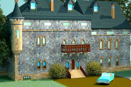 城堡旧建筑蓝色汽车3D渲染建造图片