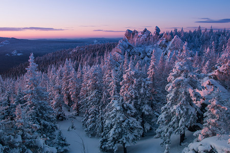清晨山上白雪覆盖的森林在黎明冬天风景的山中白雪覆盖森林冰白雪皑旅游图片