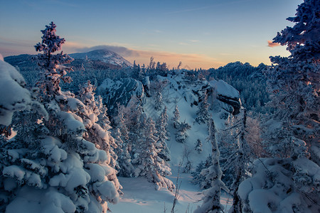 远足寒冷的全景清晨山上白雪覆盖的森林在黎明冬天风景的山中白雪覆盖森林图片