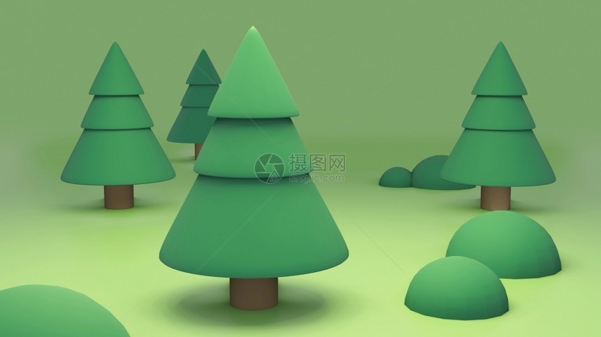 艺术最小的绿色3D显示在森林中3D转化的可爱卡通松树图片