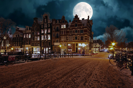 街道冬天建筑学晚上在荷兰的阿姆斯特丹雪在满月时荷兰图片