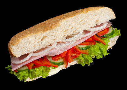 波德希瓦洛夫辣椒含火腿和蔬菜的三明治在黑色上隔离卖图片