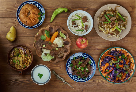 蒙古烹饪亚洲传统各种菜类顶视图最佳食物菜肴拉面高清图片素材