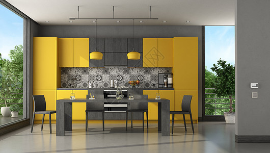 多款黄黑黑色和黄现代厨房配有餐桌和椅子3D制成黑和黄色现代厨房建筑学国内的人们设计图片