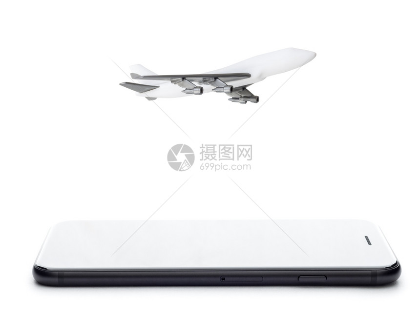 现代的在线旅行白色背景上的电话和飞机模型Name图片