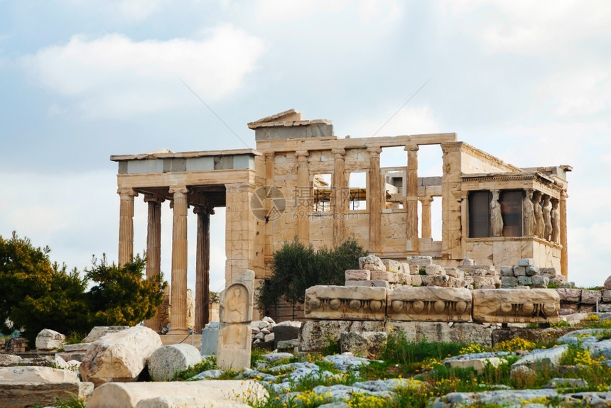 柱子希腊雅典Acroopolis的Caryatids大奖杯门廊旅游的图片