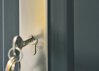 ps锁环素材钥匙圈关上把环插在灰色门锁的中解安全保护开幕背景