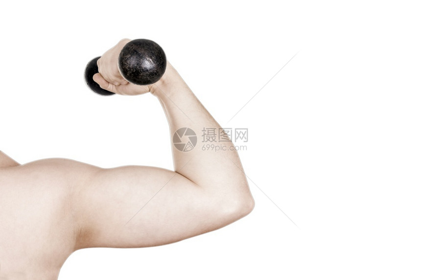 男人类白色背景上孤立的哑铃手臂重量图片