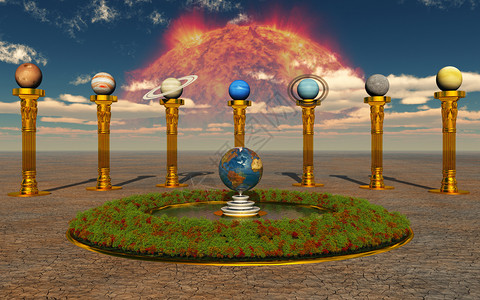 这个图像显示我们的太阳系与地球在绿洲喷泉天王星金背景图片