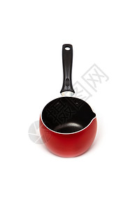 白背景孤立的长柄无棍子红锅壶或加松饼帽白色背景上隔开红色的烹饪干净图片