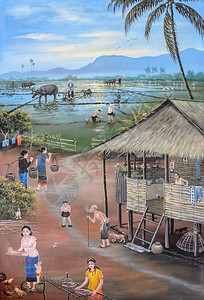 场地文化泰国清迈寺庙墙上泰国人民过去生活时的泰壁绘画图国清迈女士图片