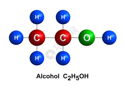 CMYK色值表白底烟雾中分离的酒精子结构3d转化成以色和学符号表列为含氢H蓝色氧O绿碳C红的颜和化学符号编码区域科学蓝色的作品设计图片