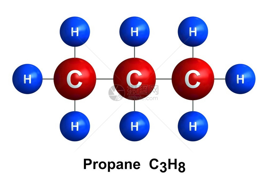 公式象征在白色背景上隔离的丙烷分子结构3d转化成Atoms作为有色和化学符号氢H蓝色碳C红编码的球体图片