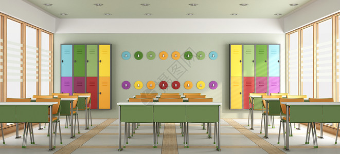 教育课堂插图装有储物柜和衣架的现代多彩教室3D图片