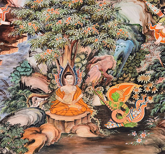 佛画旅行细节文化在泰国佛教寺庙内以天体化论绘制佛像实验生命的泰壁画背景
