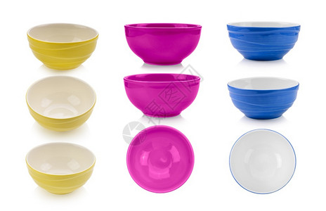 宝宝碗闪亮的白色背景上碗盘集颜色餐具设计图片