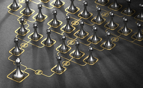 3D显示黑底MLM多级营销平台概念MLM多级营销高板上的许多棋子和黄金等级图表传销委员会背景图片