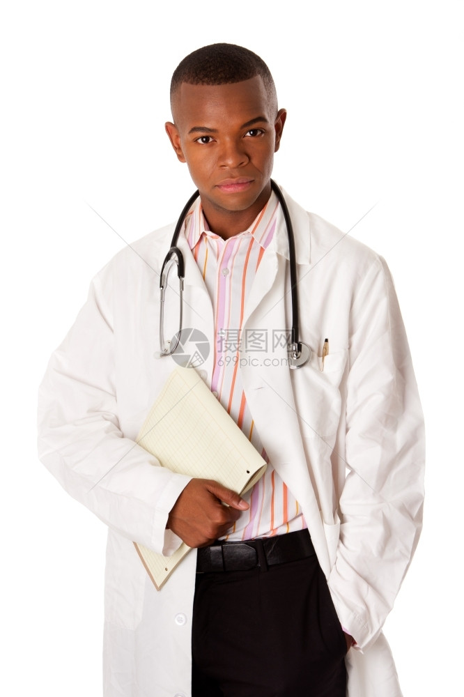 医师拥有病人历和听诊器的英俊医生手放在口袋里与世隔绝制服男图片