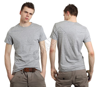 准备好年轻的男穿白灰色T恤衫正面和背后准备设计或标志服装背景图片