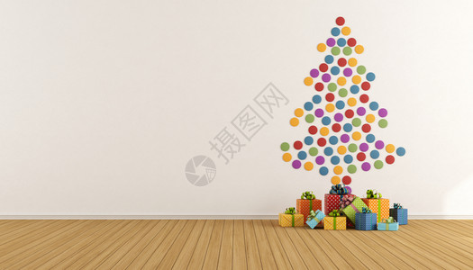 圣诞装饰白色房间墙壁和礼品盒图片